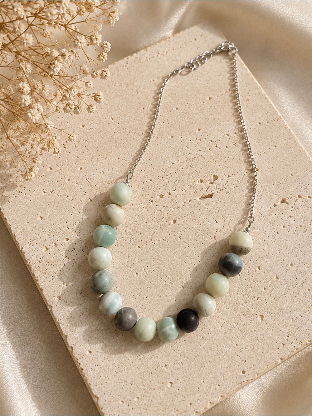 Handmade Mint & Neutral Beaded Necklace - Silver Chain